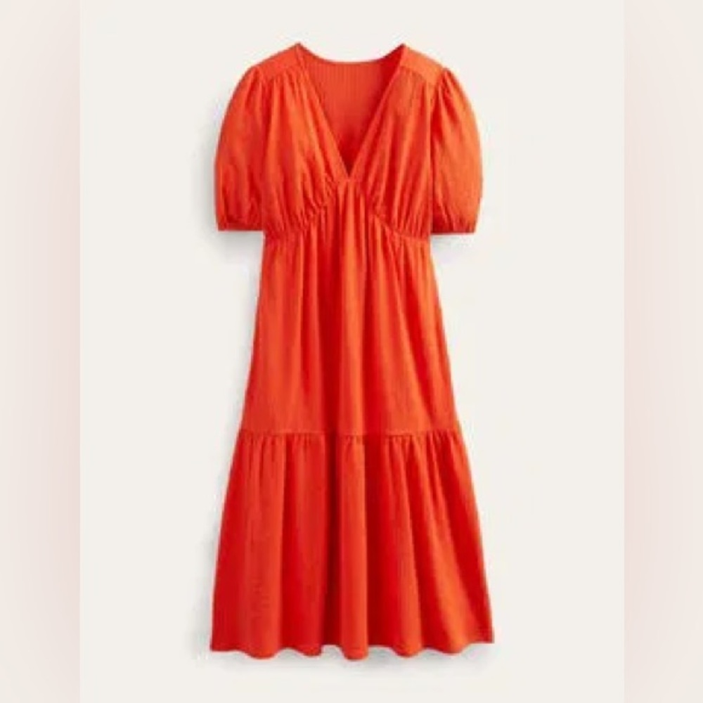 Boden Orange V‑Neck Midi Dress with Puff Sleeves Size 4R